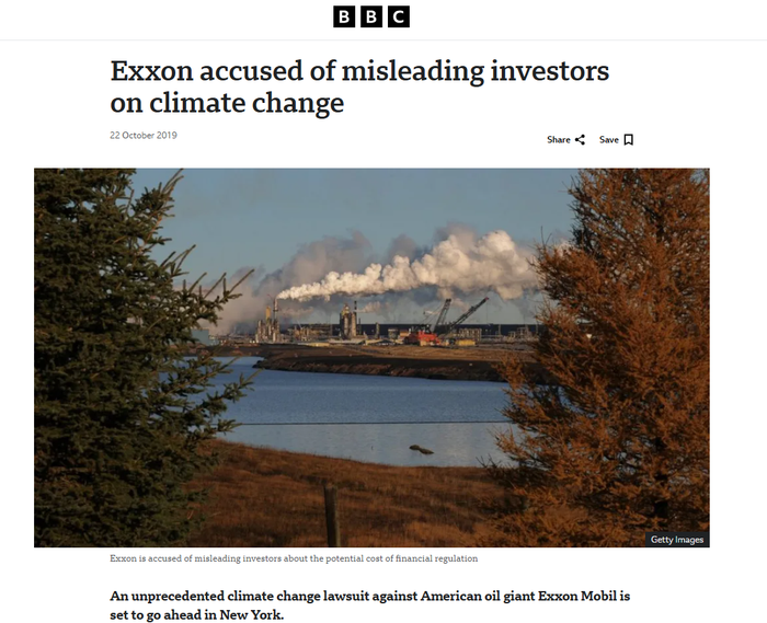 Screenshot of a BBC news article titled 'Exxon accused of misleading investors on climate change,' featuring a distant view of an industrial oil refinery with smoke billowing from its towers, framed by trees.